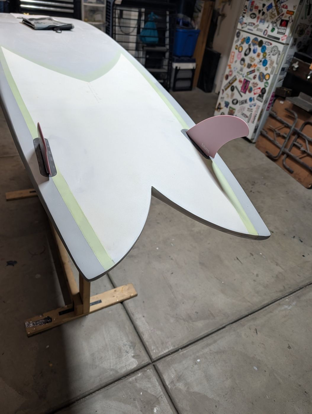 Finished epoxy twin fin with new fins in the Futures boxes