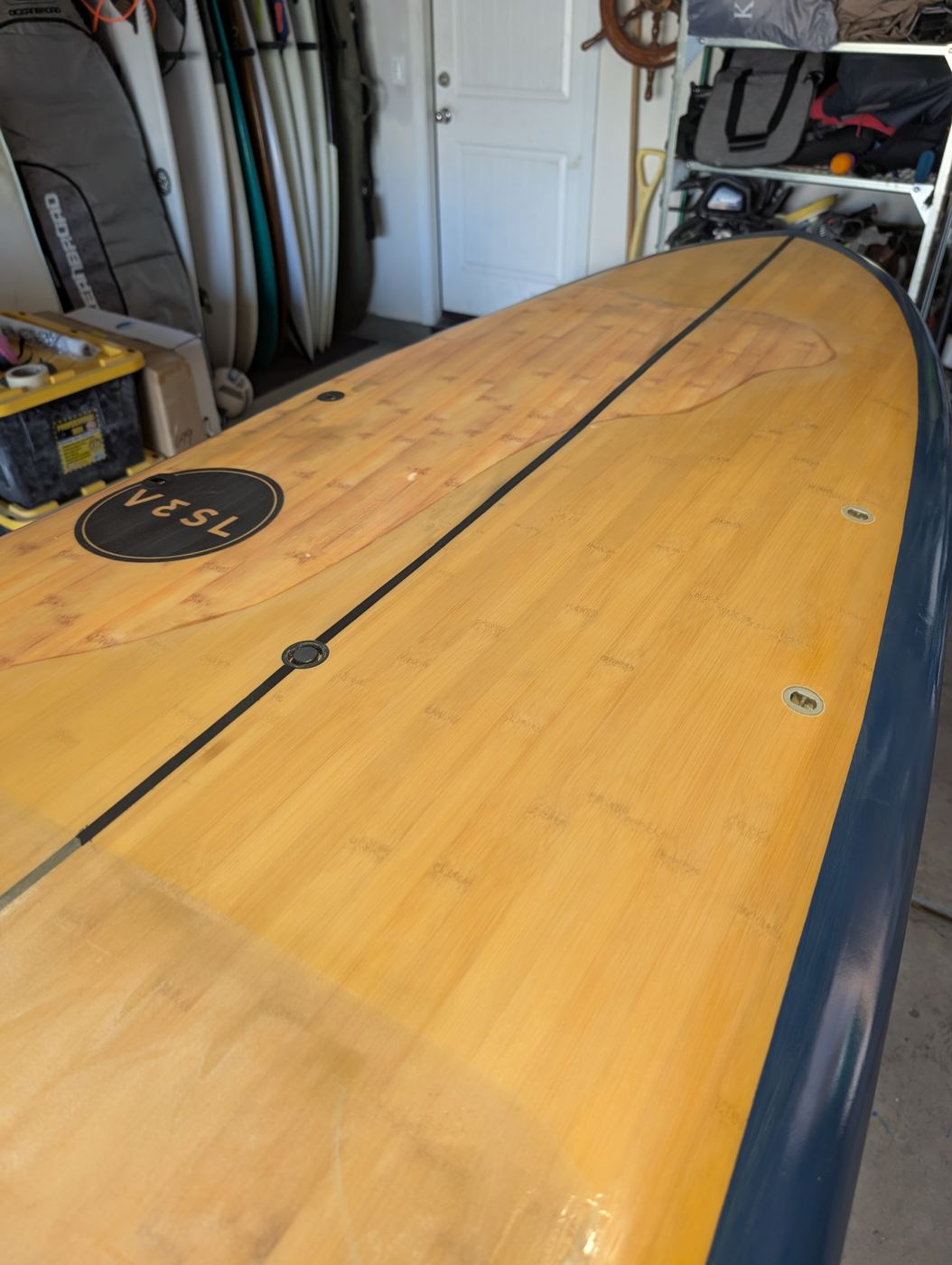 Finished bamboo paddleboard deck, sanded and sealed